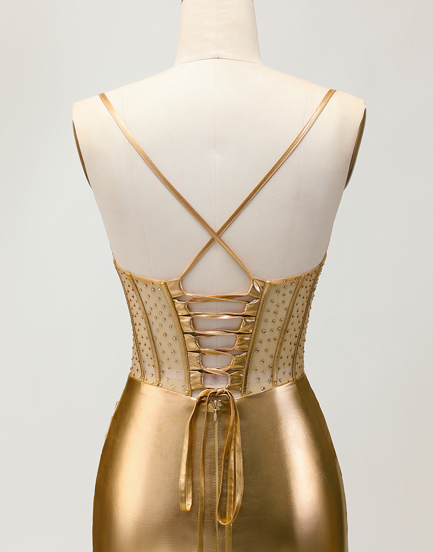Sparkly Metallic Golden Tight Short Corset Homecoming Dress with Beading