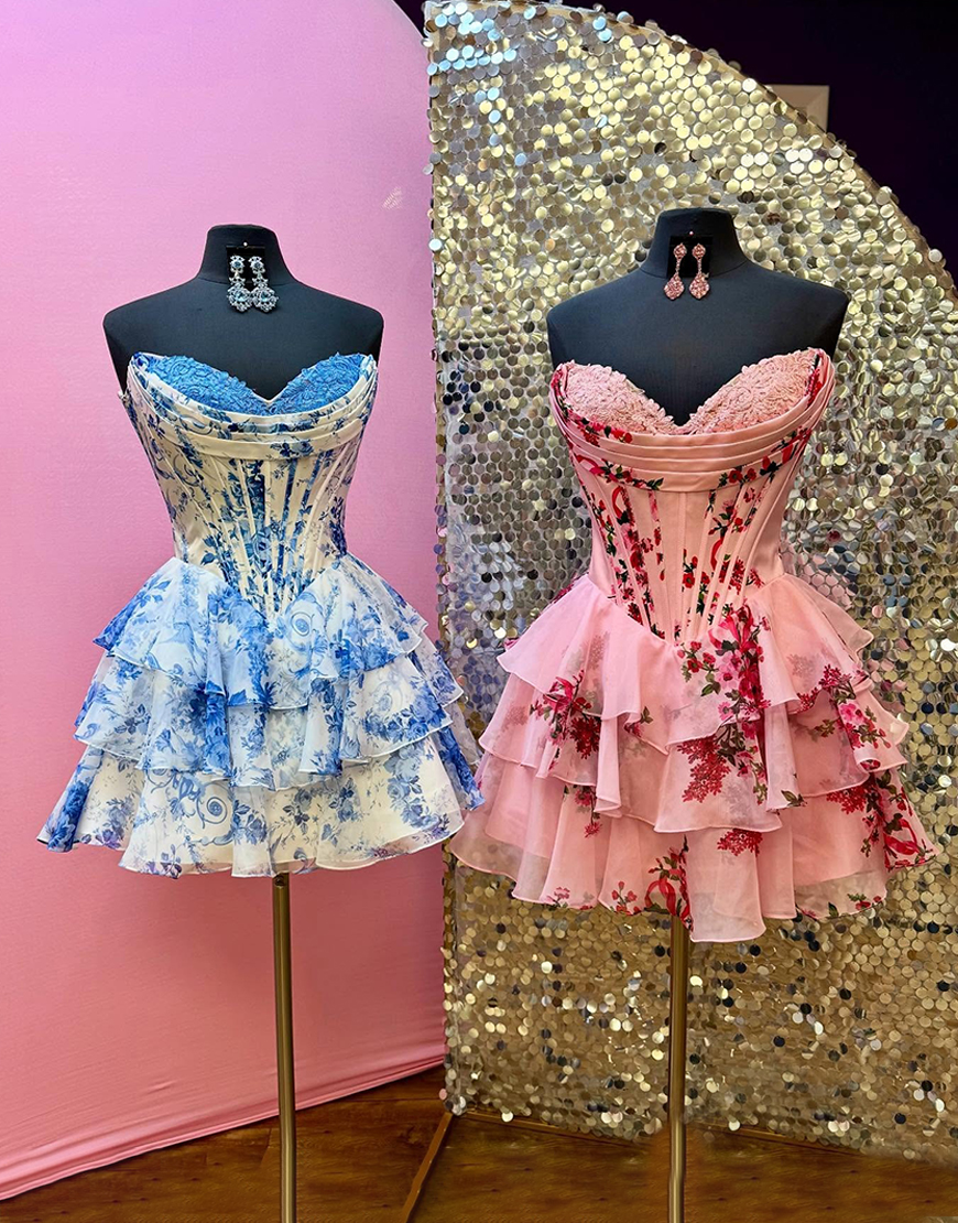 Pink Floral Corset A Line Short Homecoming Dress with Ruffles