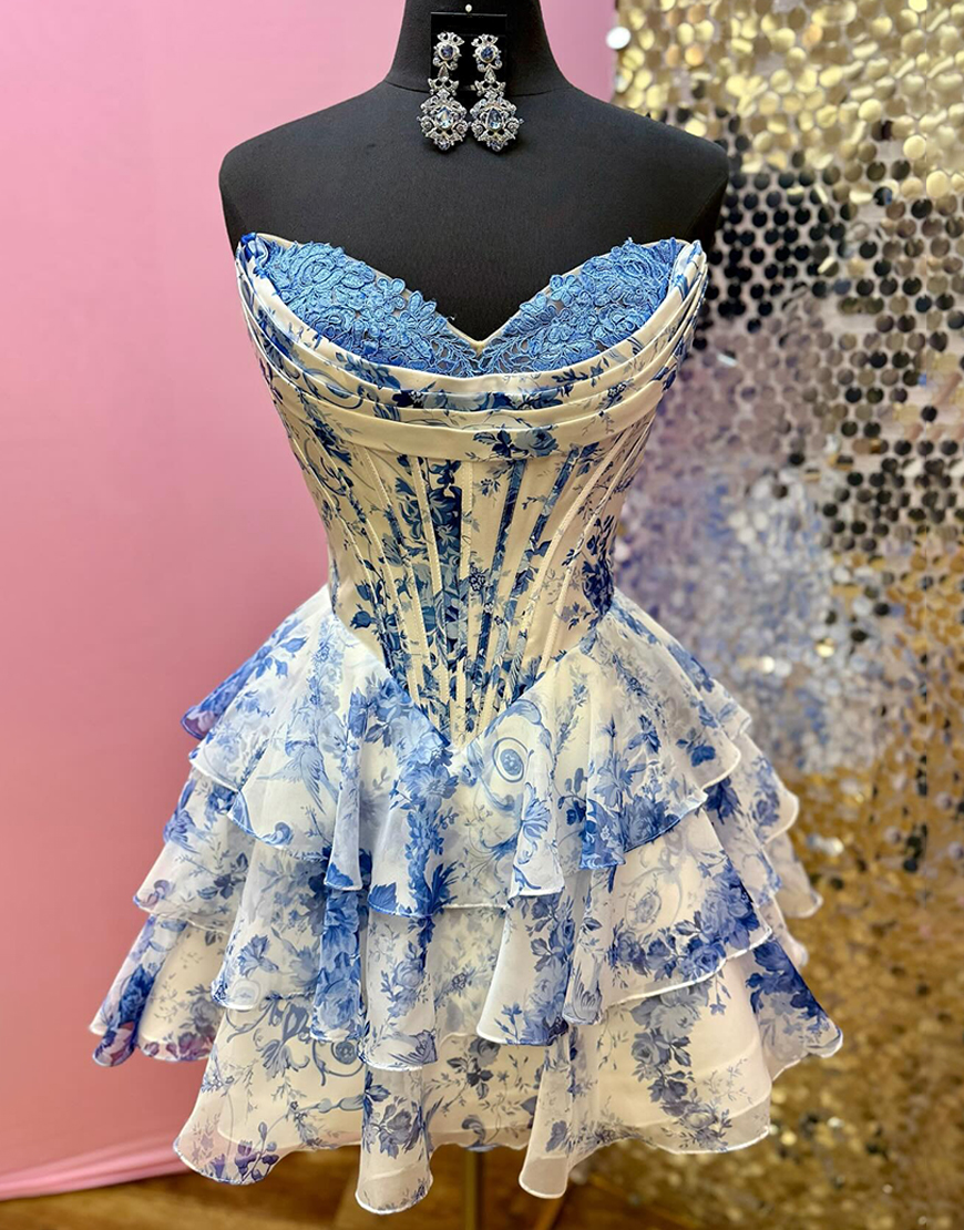 Pink Floral Corset A Line Short Homecoming Dress with Ruffles