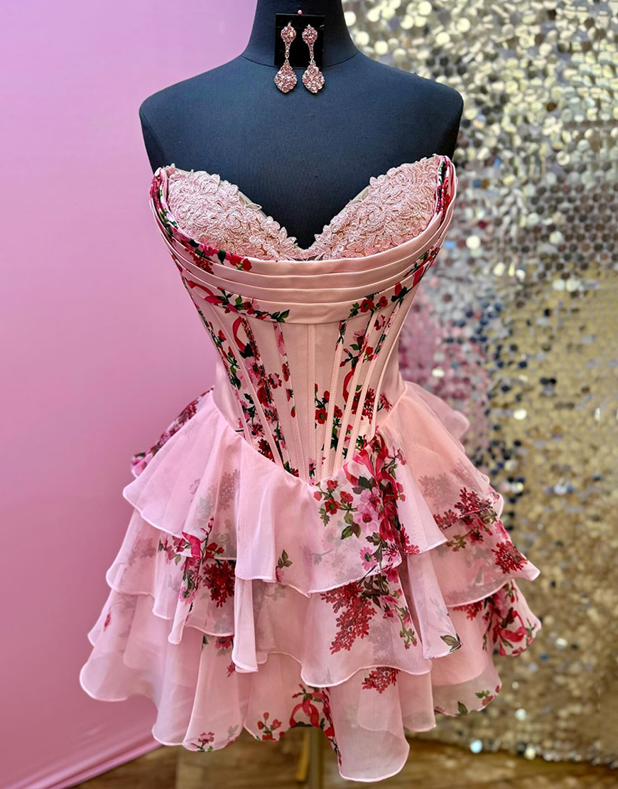 Pink Floral Corset A Line Short Homecoming Dress with Ruffles