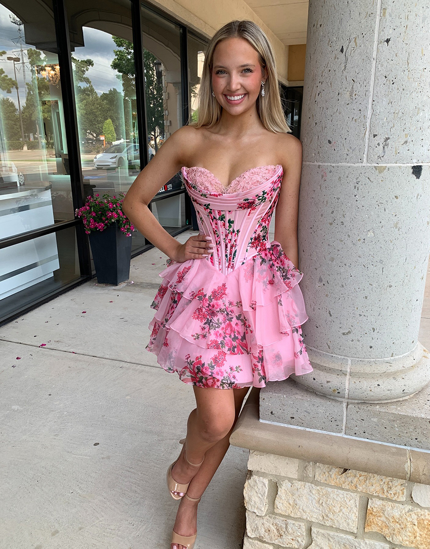 Pink Floral Corset Sweetheart Short Homecoming Dress with Ruffles