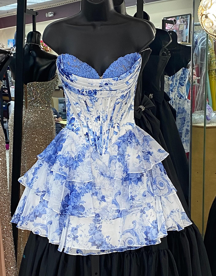 Pink Floral Corset A Line Short Homecoming Dress with Ruffles