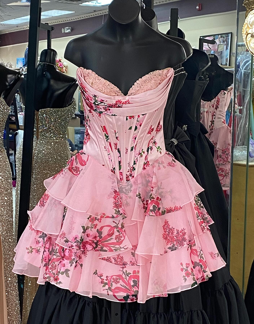 Pink Floral Corset A Line Short Homecoming Dress with Ruffles