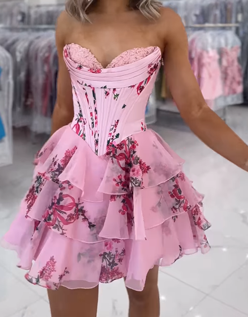 Pink Floral Corset A Line Short Homecoming Dress with Ruffles