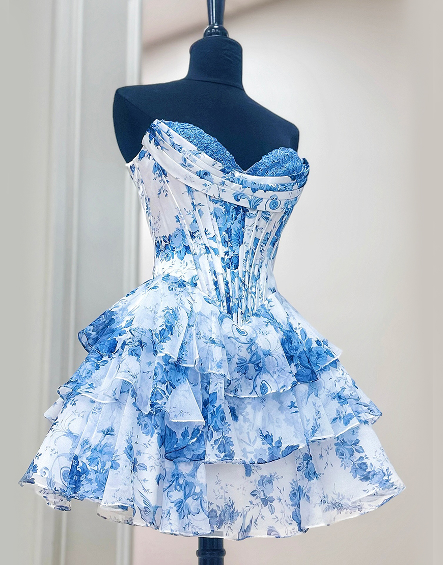 Pink Floral Corset A Line Short Homecoming Dress with Ruffles