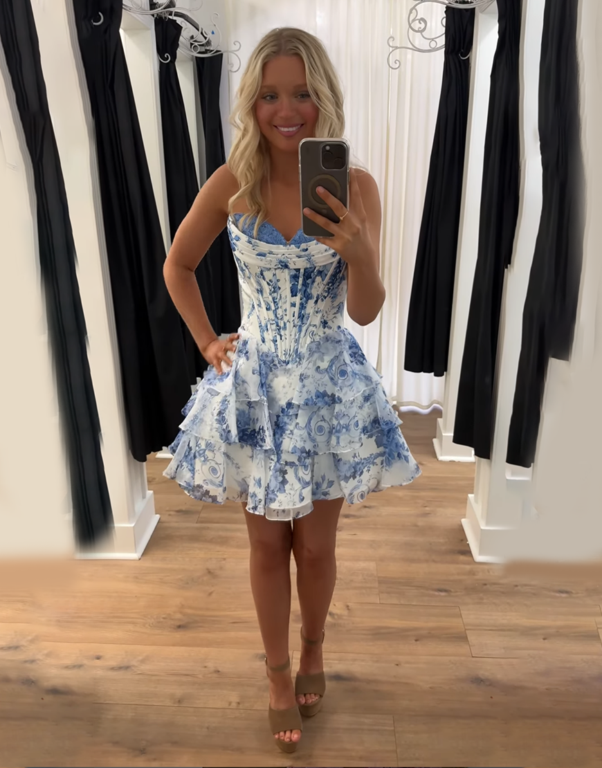 Blue Floral Corset A Line Short Homecoming Dress with Ruffles