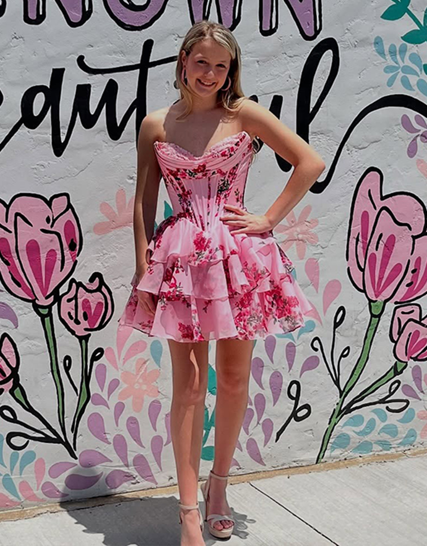 Pink Floral Corset A Line Short Homecoming Dress with Ruffles