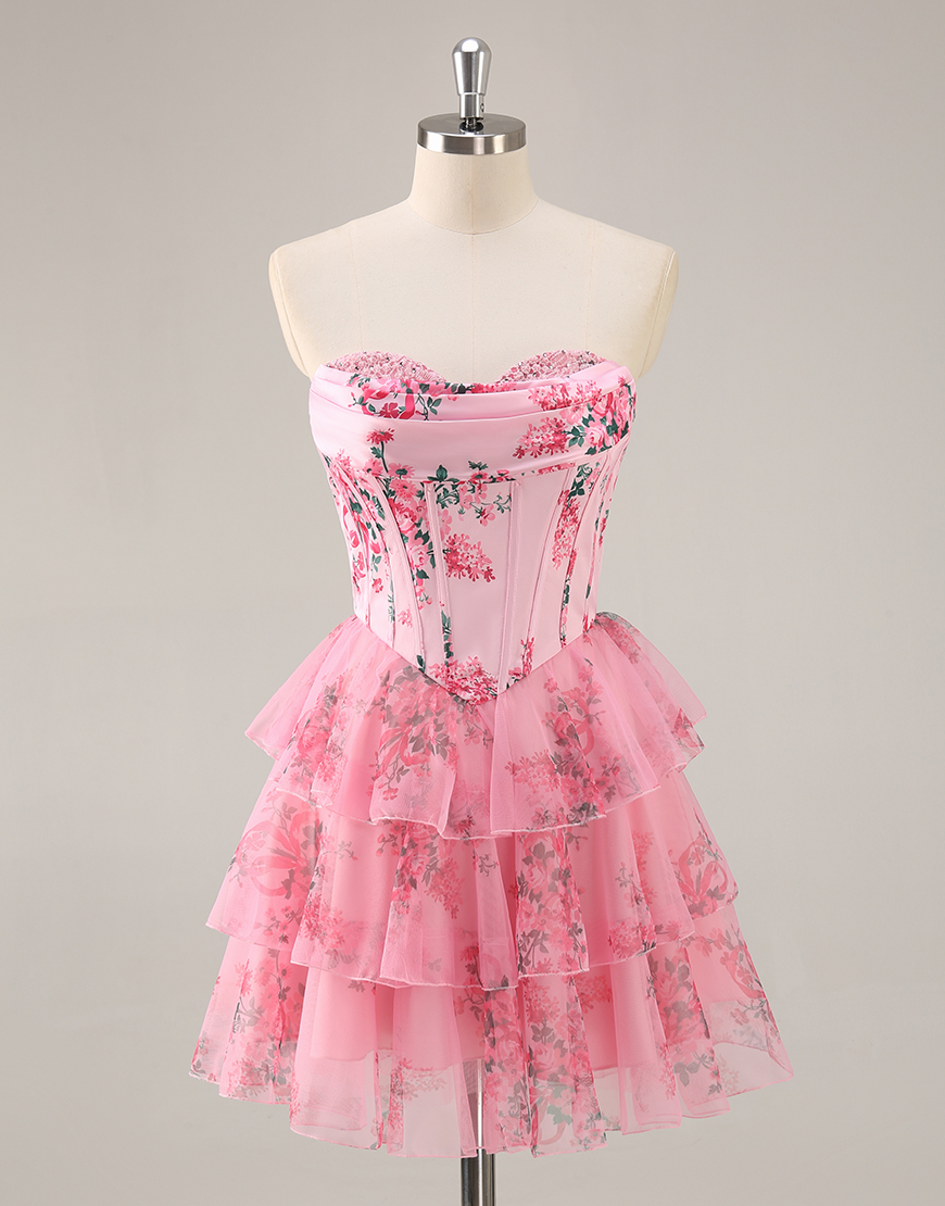 Pink Floral Corset Sweetheart Short Homecoming Dress with Ruffles