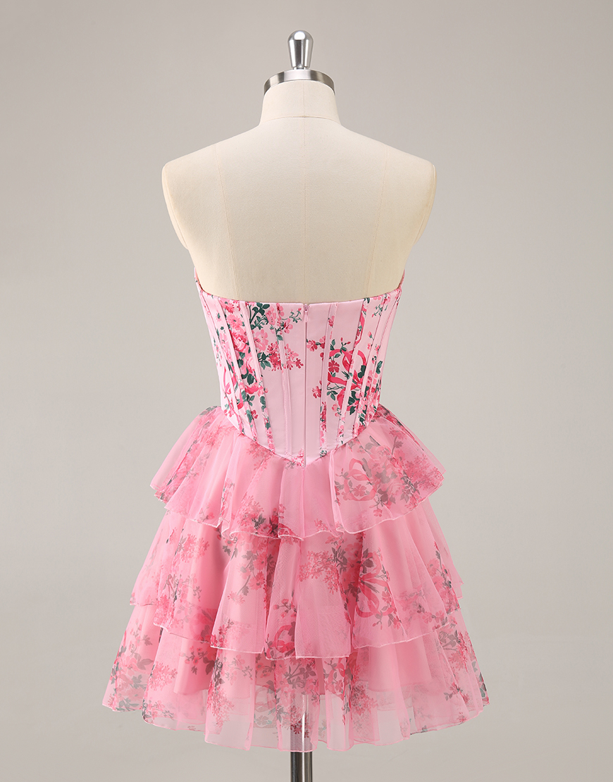 Pink Floral Corset Sweetheart Short Homecoming Dress with Ruffles