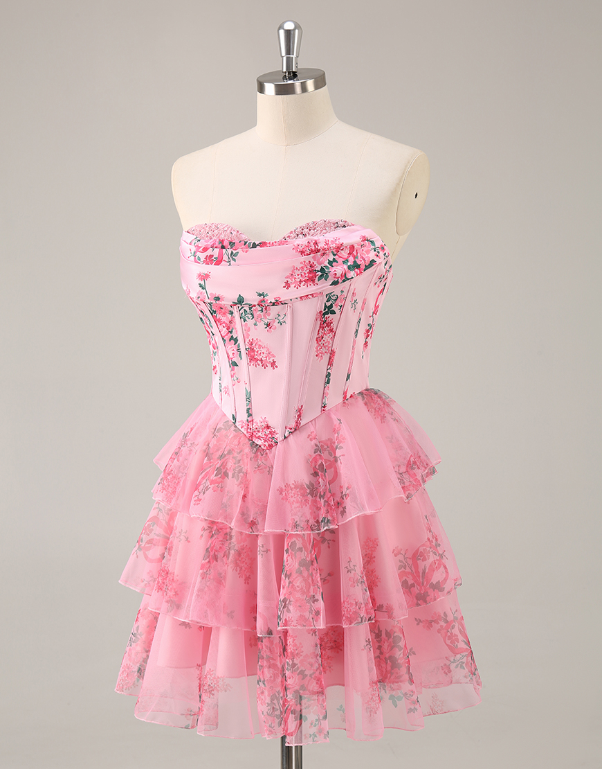 Pink Floral Corset Sweetheart Short Homecoming Dress with Ruffles
