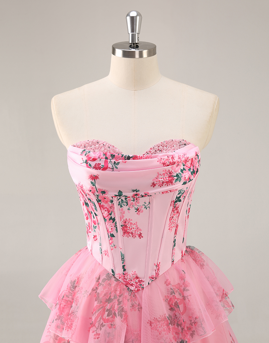 Pink Floral Corset Sweetheart Short Homecoming Dress with Ruffles