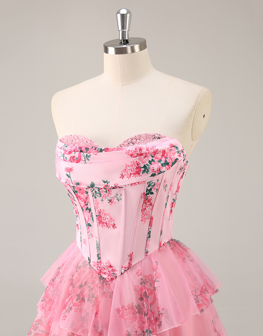 Pink Floral Corset Sweetheart Short Homecoming Dress with Ruffles