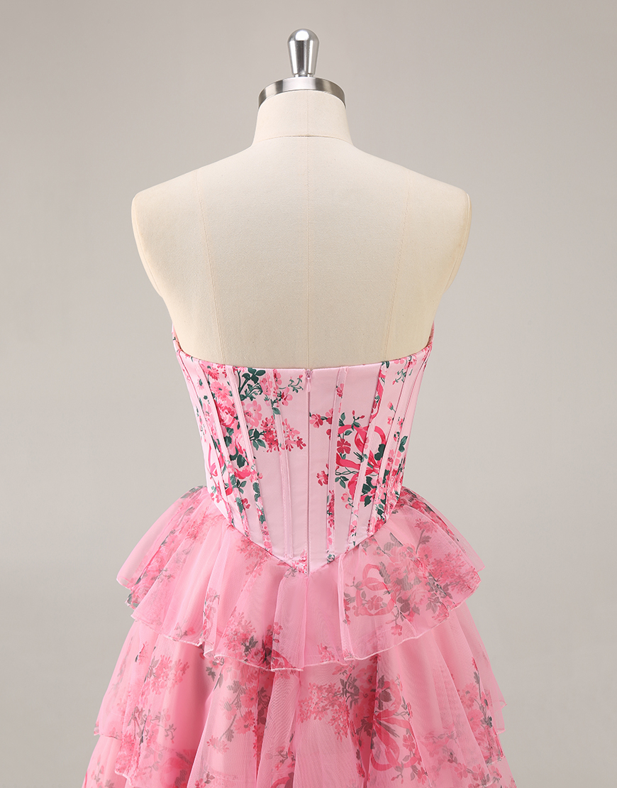 Pink Floral Corset Sweetheart Short Homecoming Dress with Ruffles