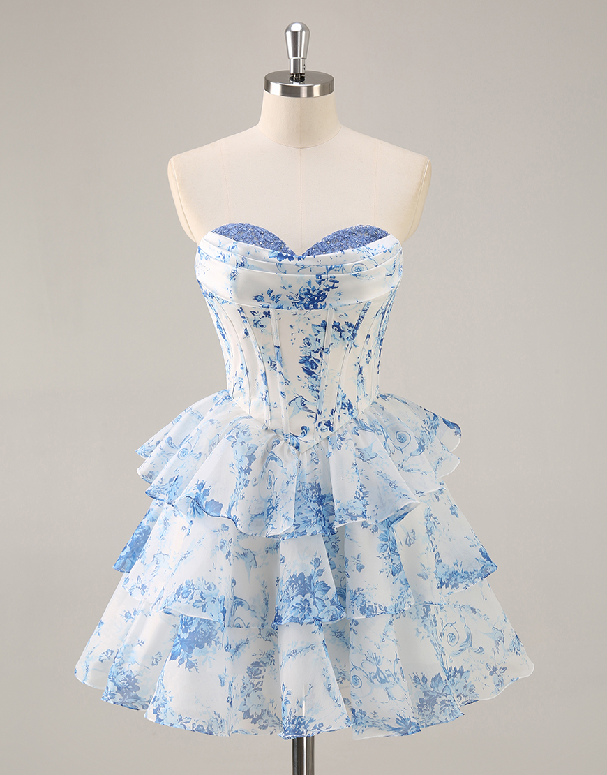 White and Blue Floral Corset A Line Short Homecoming Dress with Ruffles