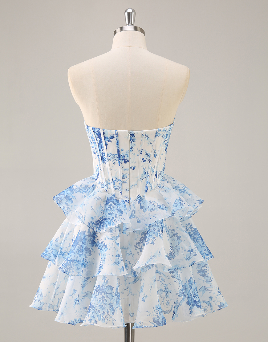 White and Blue Floral Corset A Line Short Homecoming Dress with Ruffles