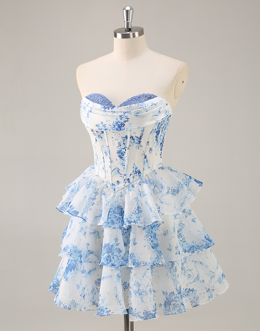 Pink Floral Corset Sweetheart Short Homecoming Dress with Ruffles