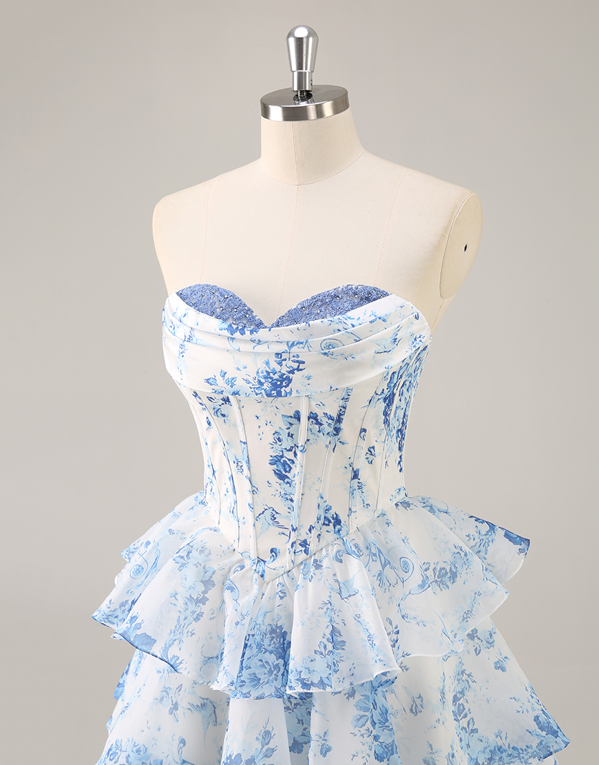 Pink Floral Corset Sweetheart Short Homecoming Dress with Ruffles