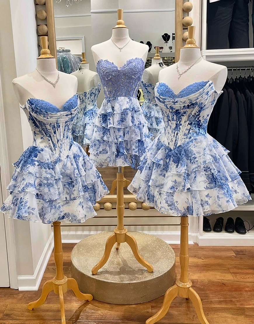 Pink Floral Corset A Line Short Homecoming Dress with Ruffles