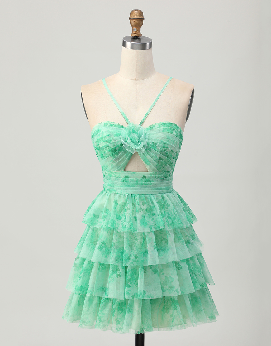 White Blue Flower A Line Short Tiered Homecoming Dress with Ruffles