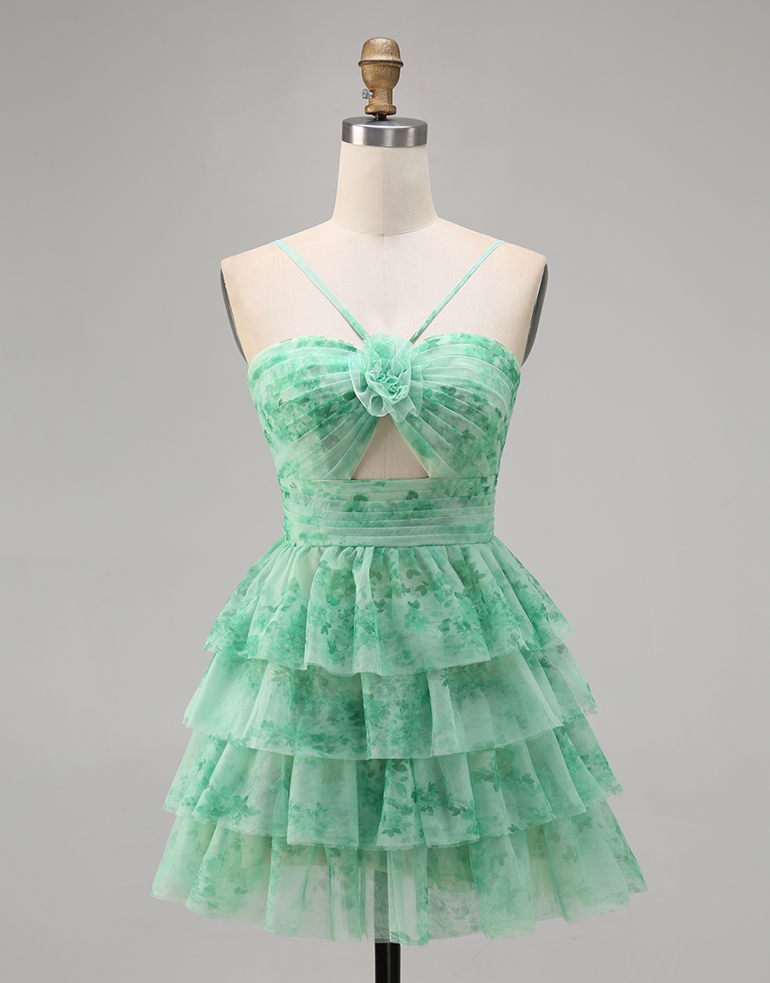 Green A Line Short Tiered Keyhole Homecoming Dress with Ruffles