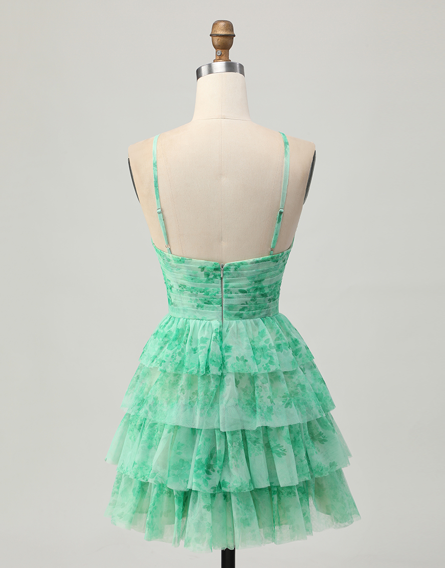 White Blue Flower A Line Short Tiered Homecoming Dress with Ruffles