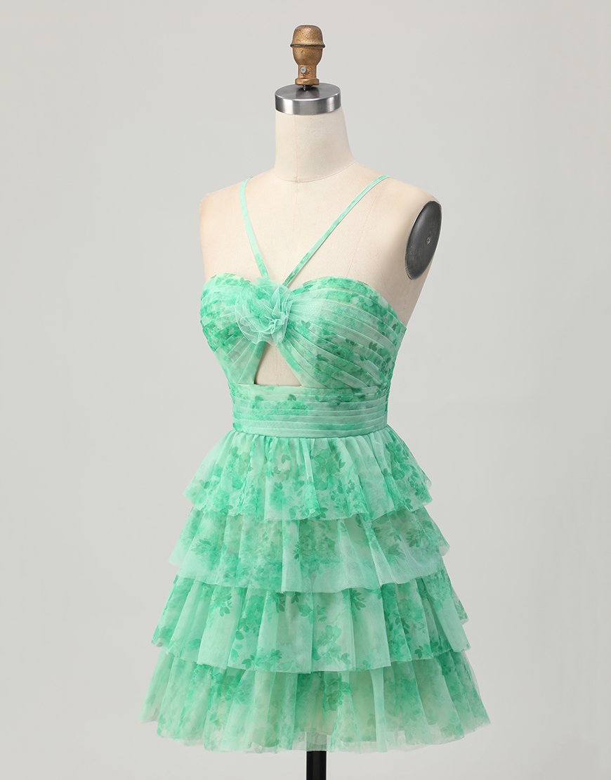 White Blue Flower A Line Short Tiered Homecoming Dress with Ruffles