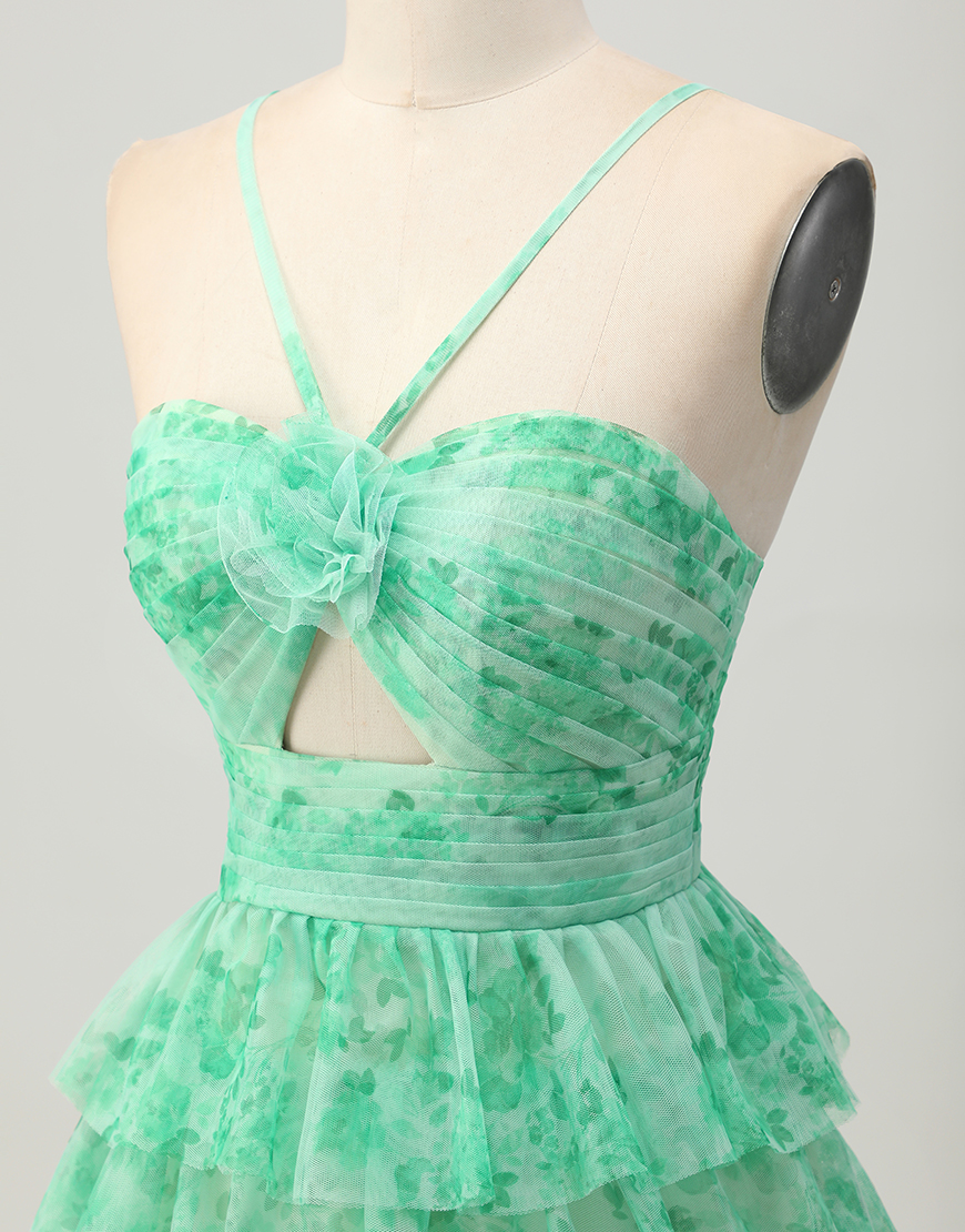 White Blue Flower A Line Short Tiered Homecoming Dress with Ruffles