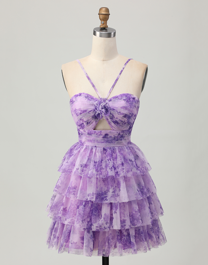 White Blue Flower A Line Short Tiered Homecoming Dress with Ruffles