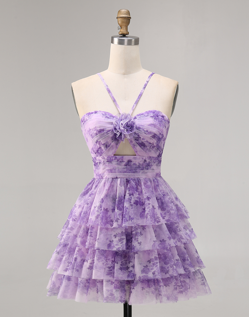 Purple A Line Spaghetti Straps Short Keyhole Homecoming Dress with Ruffles