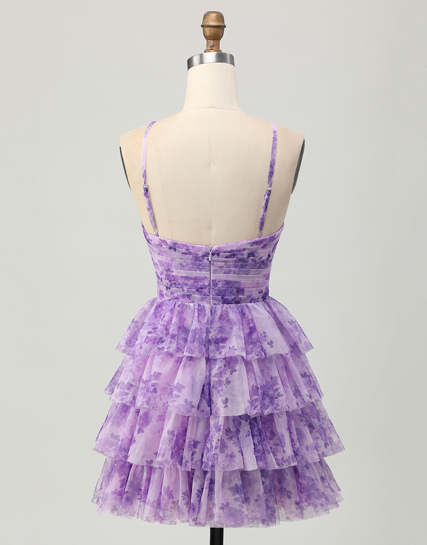 White Blue Flower A Line Short Tiered Homecoming Dress with Ruffles