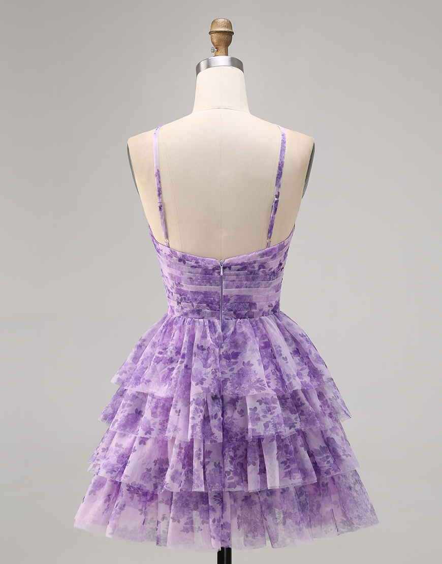 Purple A Line Spaghetti Straps Short Keyhole Homecoming Dress with Ruffles