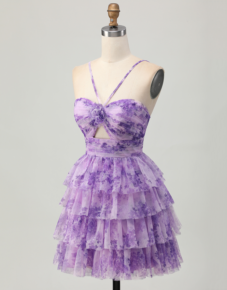 White Blue Flower A Line Short Tiered Homecoming Dress with Ruffles