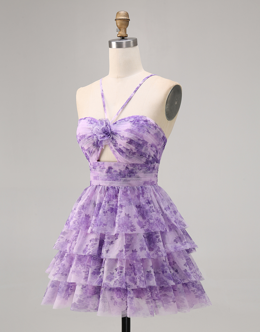 Purple A Line Spaghetti Straps Short Keyhole Homecoming Dress with Ruffles