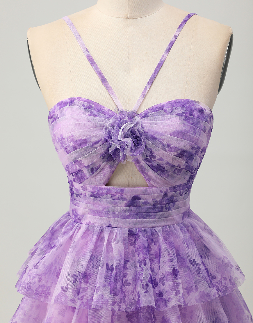 White Blue Flower A Line Short Tiered Homecoming Dress with Ruffles