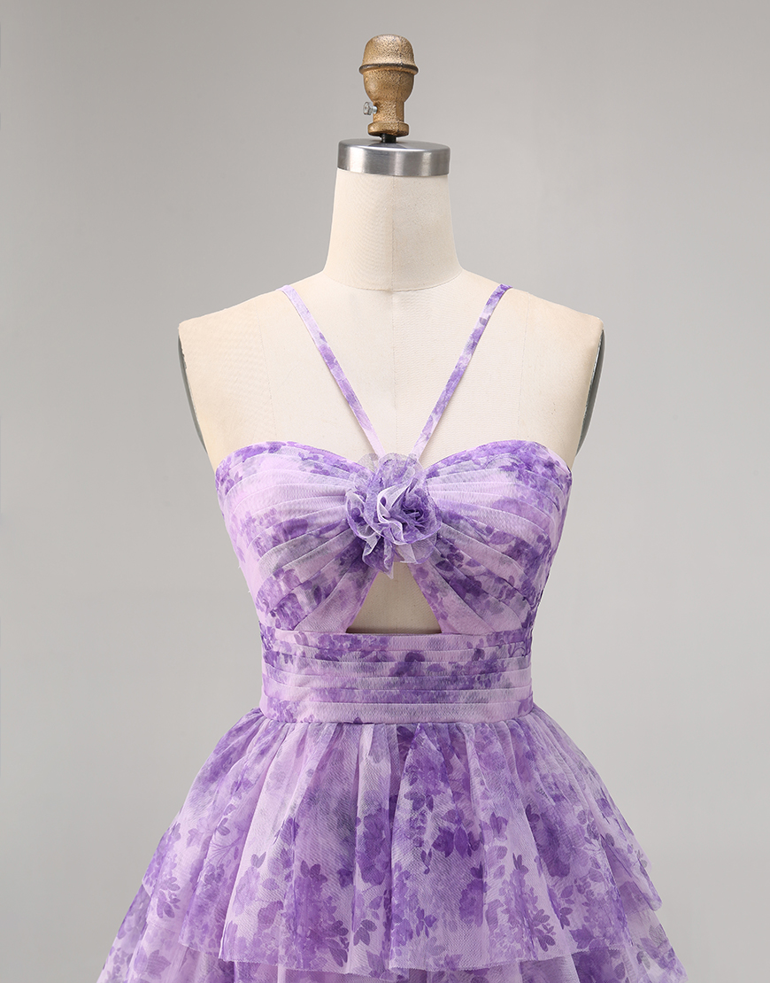 Purple A Line Spaghetti Straps Short Keyhole Homecoming Dress with Ruffles