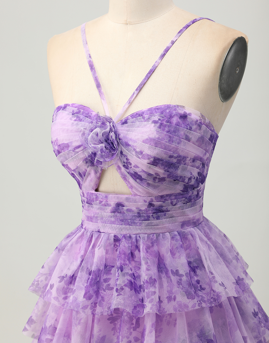 White Blue Flower A Line Short Tiered Homecoming Dress with Ruffles