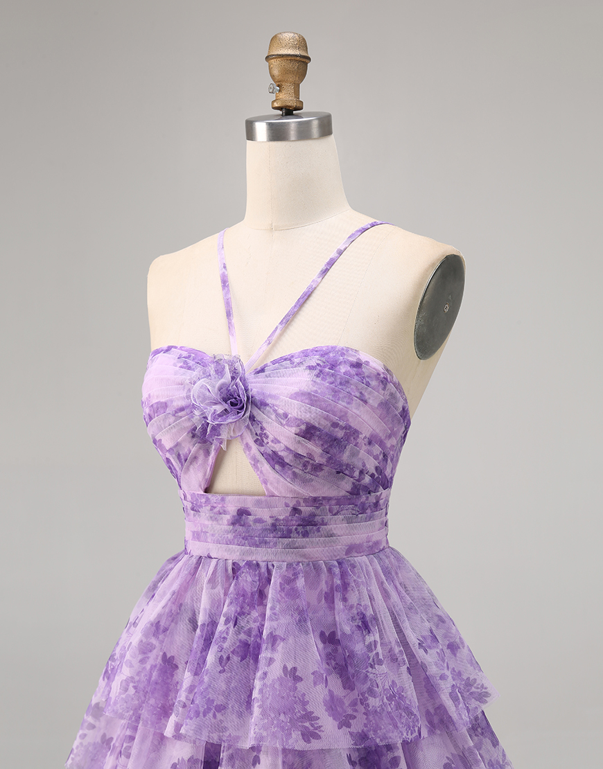 Purple A Line Spaghetti Straps Short Keyhole Homecoming Dress with Ruffles