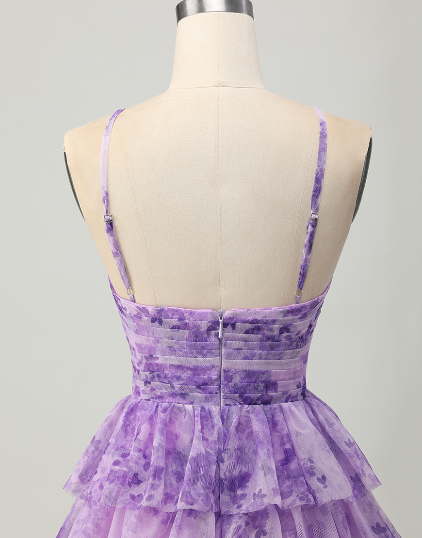 White Blue Flower A Line Short Tiered Homecoming Dress with Ruffles