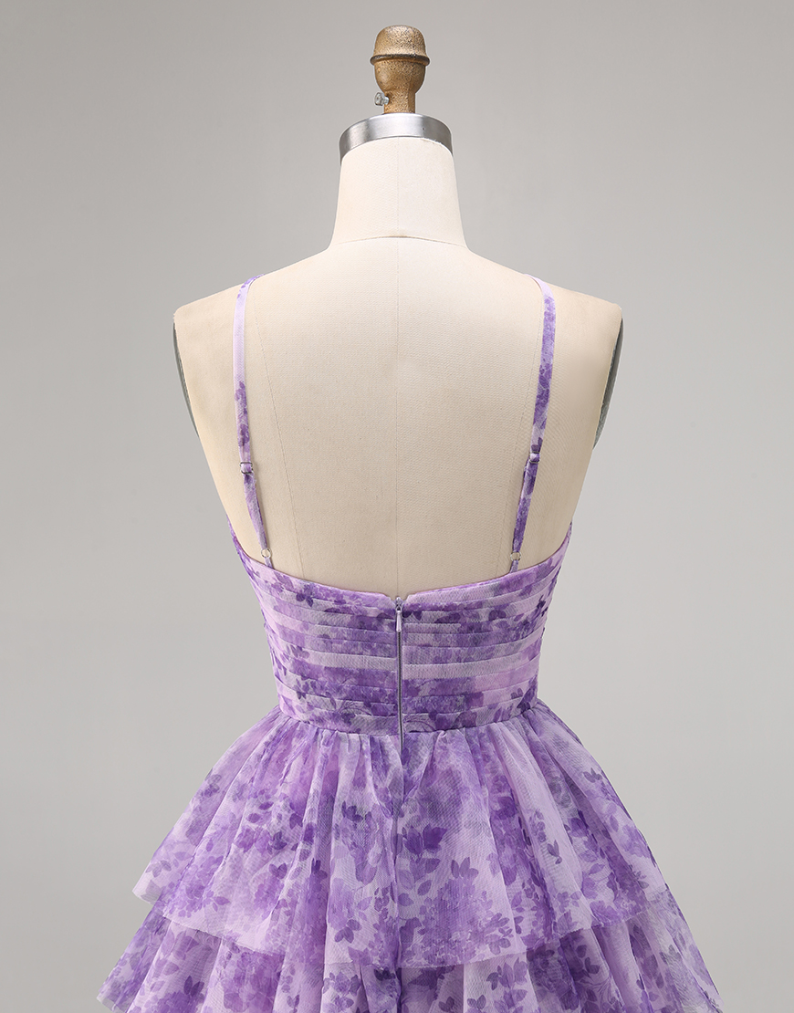 Purple A Line Spaghetti Straps Short Keyhole Homecoming Dress with Ruffles