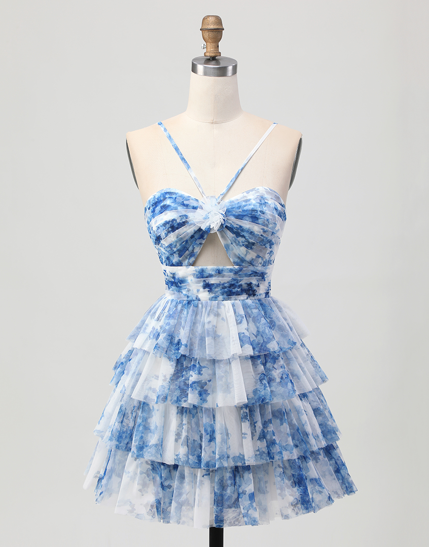 White Blue Flower A Line Short Tiered Homecoming Dress with Ruffles