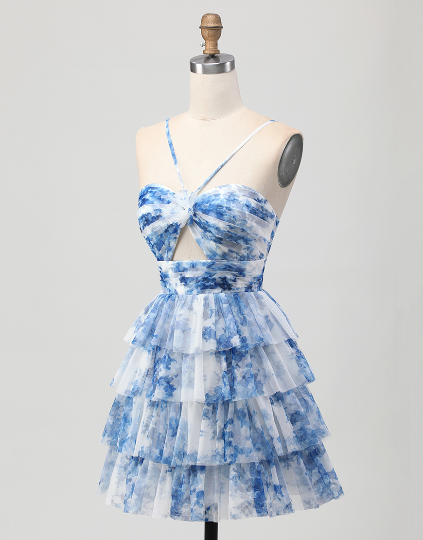 White Blue Flower A Line Short Tiered Homecoming Dress with Ruffles