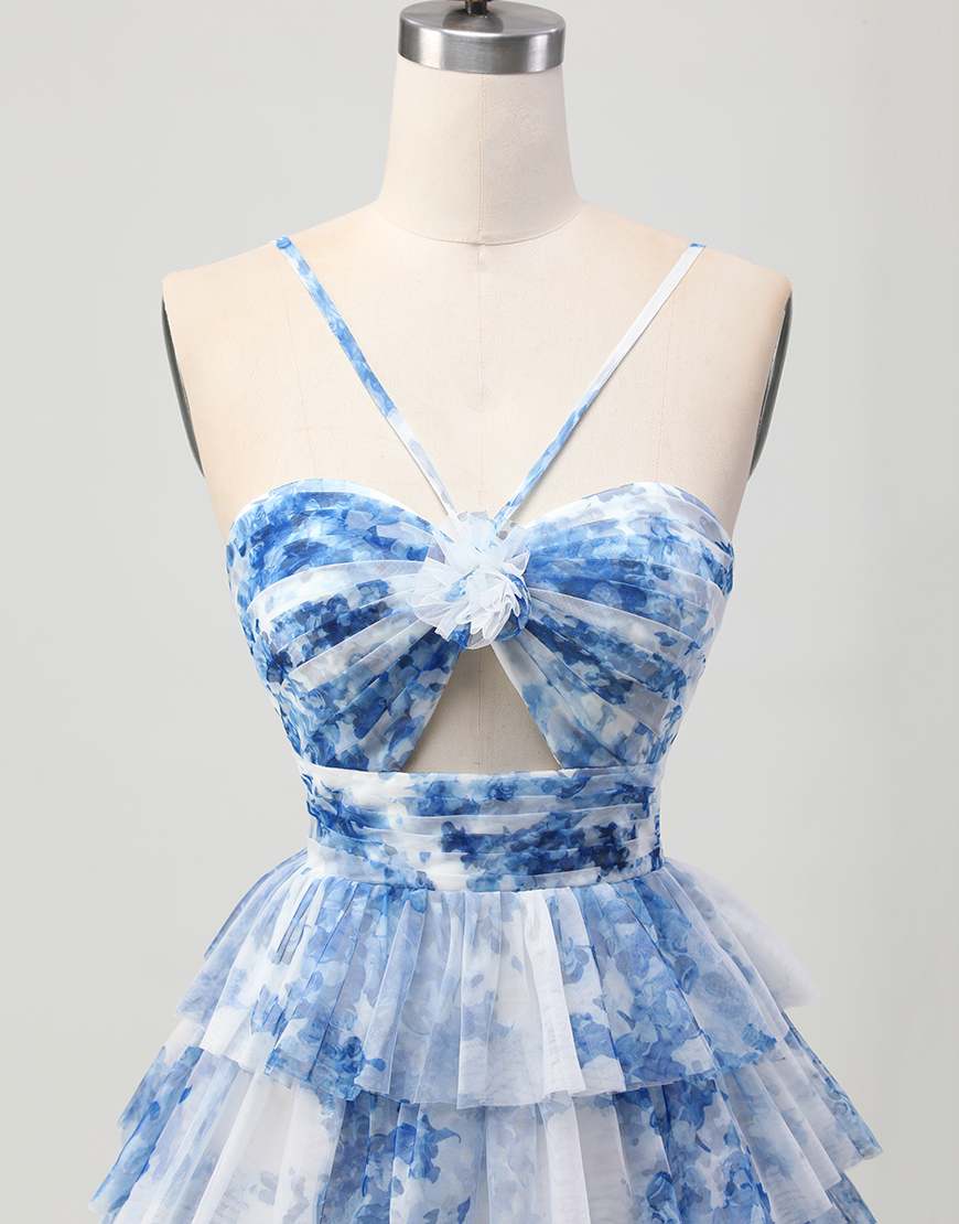 White Blue Flower A Line Short Tiered Homecoming Dress with Ruffles