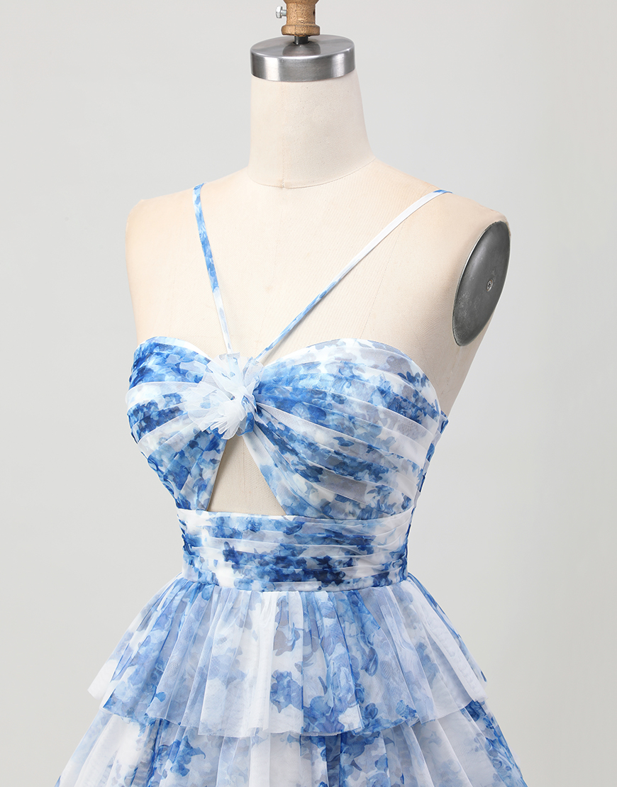 White Blue Flower A Line Short Tiered Homecoming Dress with Ruffles