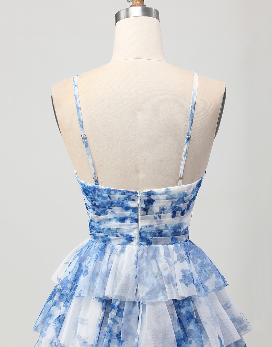 White Blue Flower A Line Short Tiered Homecoming Dress with Ruffles