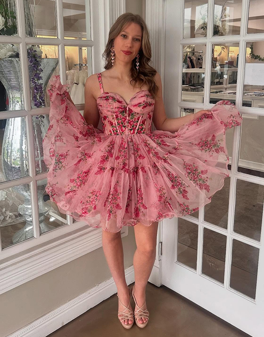 Pink Floral Tulle Corset A Line Short Homecoming Dress