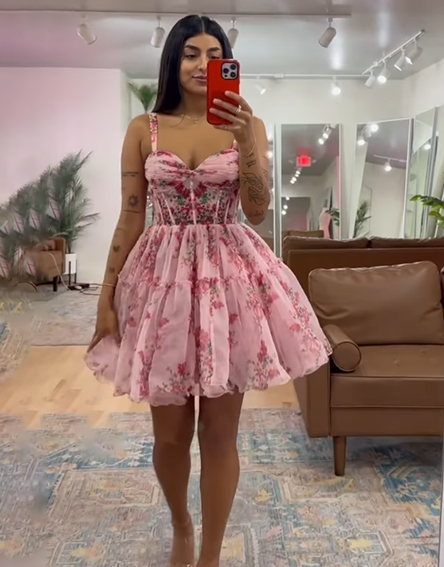Pink Floral Tulle Corset A Line Short Homecoming Dress
