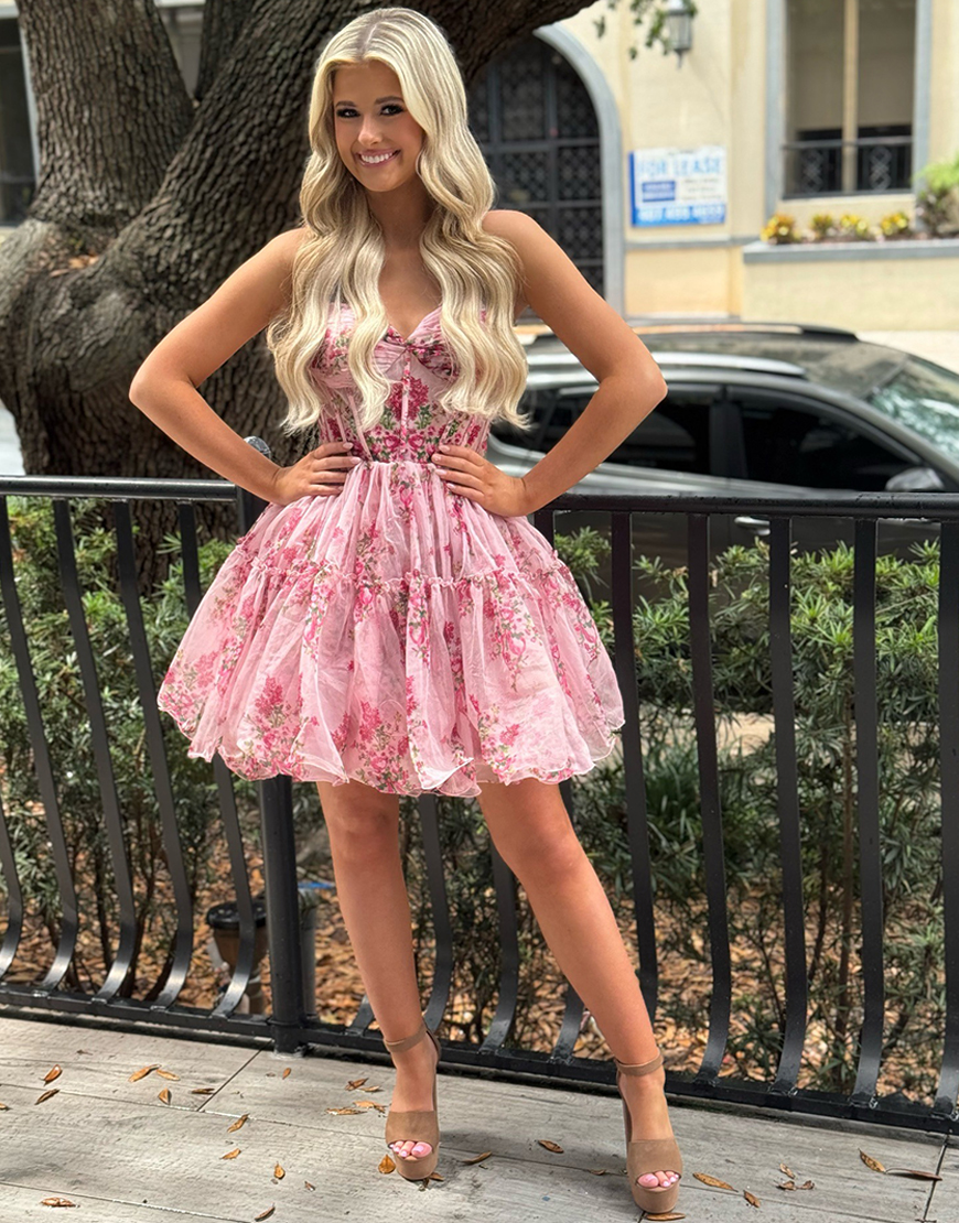Pink Floral Tulle Corset A Line Short Homecoming Dress with Ruffles