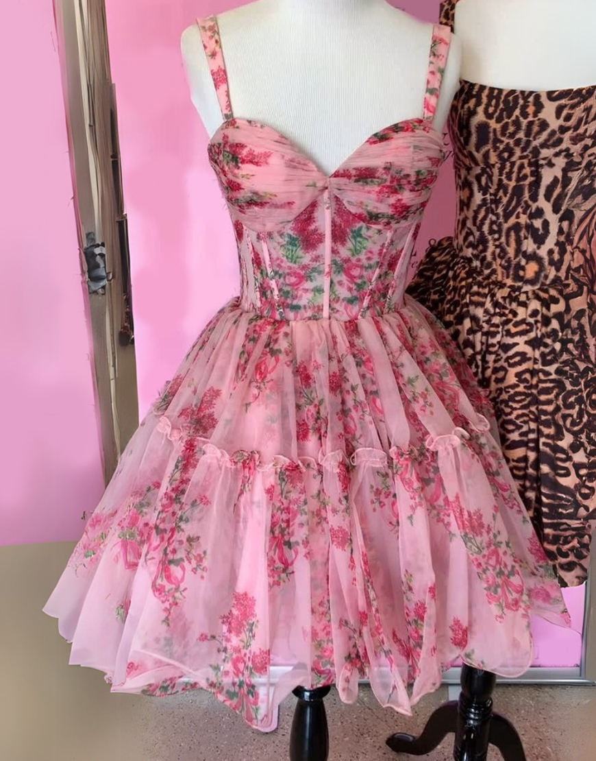 Pink Floral Tulle Corset A Line Short Homecoming Dress