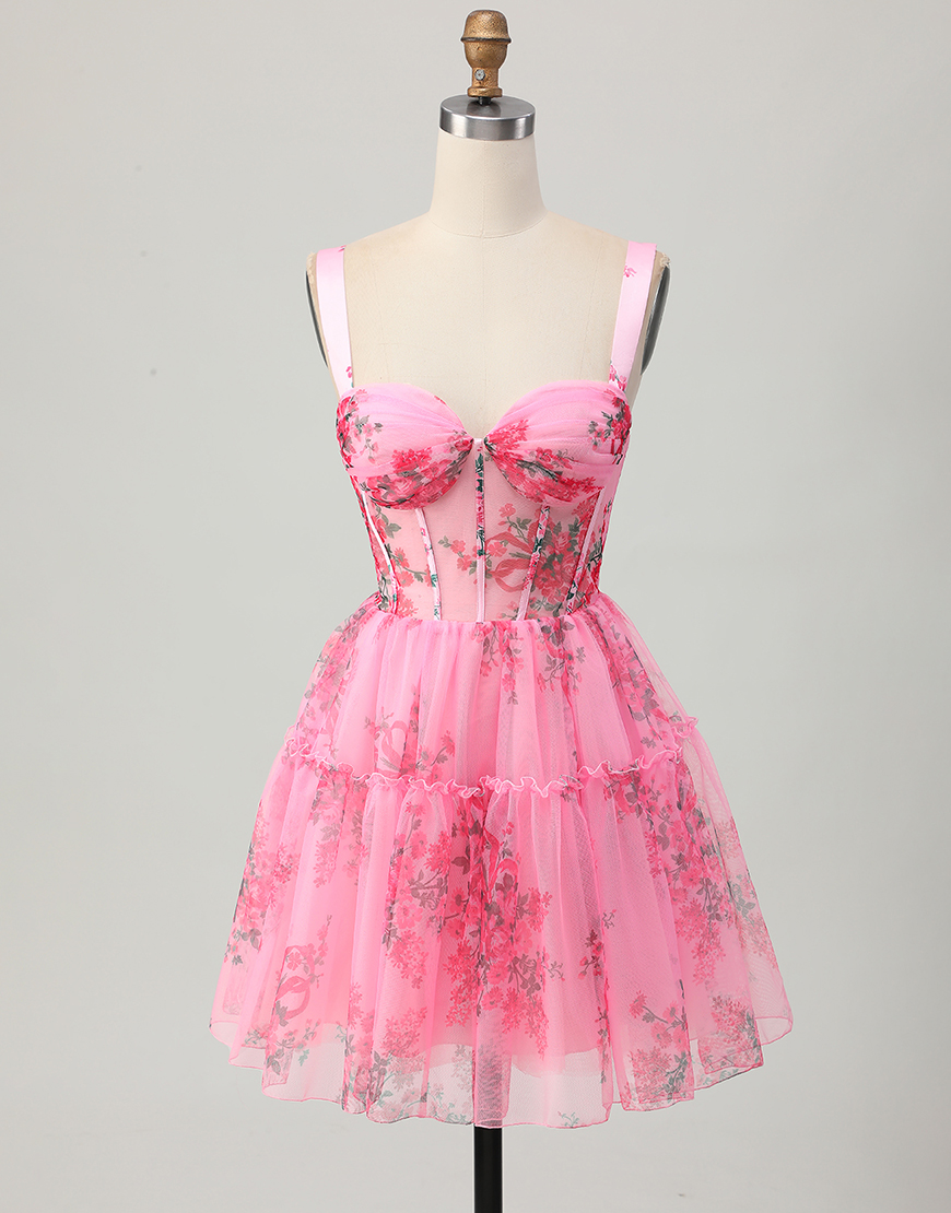 Pink Floral A Line Short Corset Homecoming Dress with Ruffles