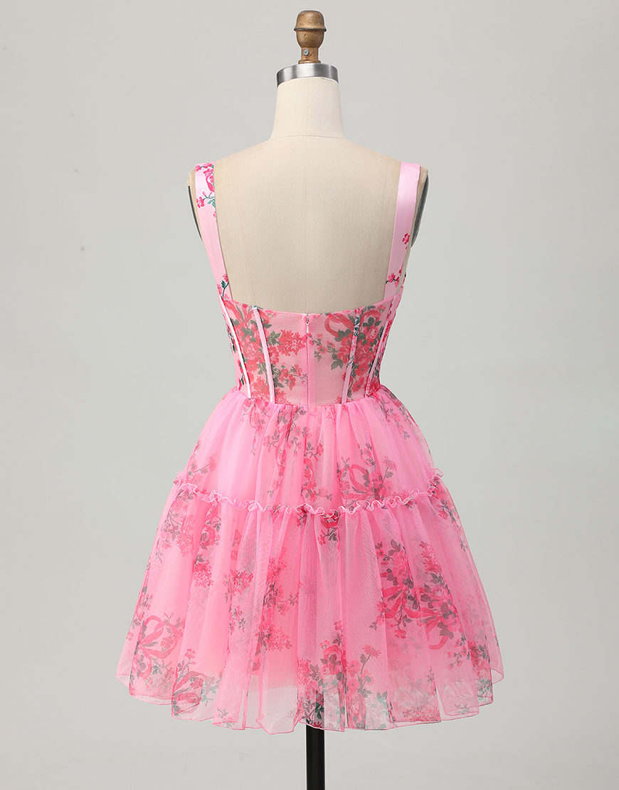 Pink Floral A Line Short Corset Homecoming Dress with Ruffles